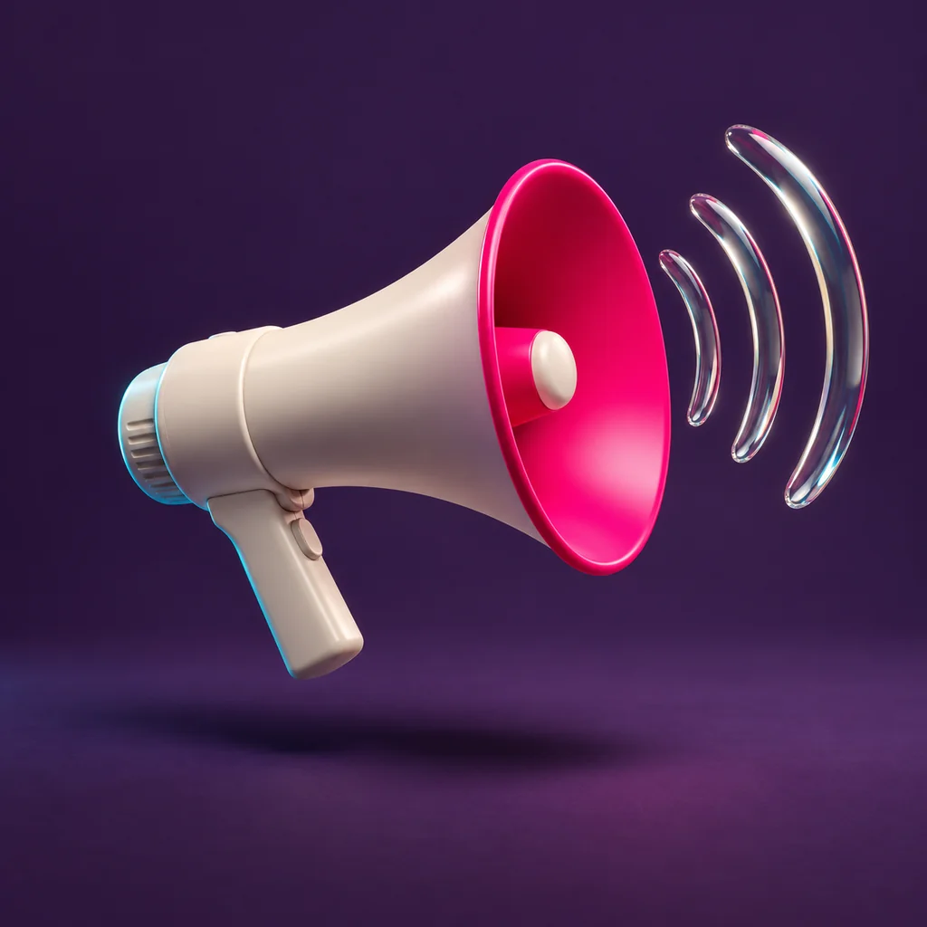 Pink and ivory megaphone with glass sound waves on a plum background, illustrating a distinctive brand voice