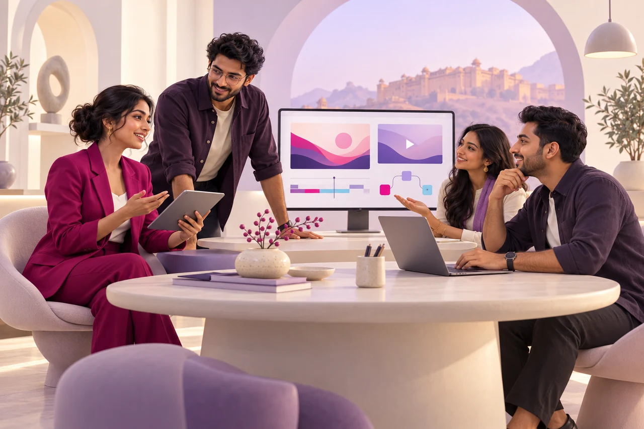 Illustration of four creative and technology professionals collaborating around a studio table