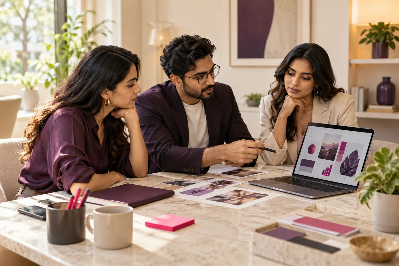 Business owner and marketing consultants reviewing campaign ideas at an agency meeting