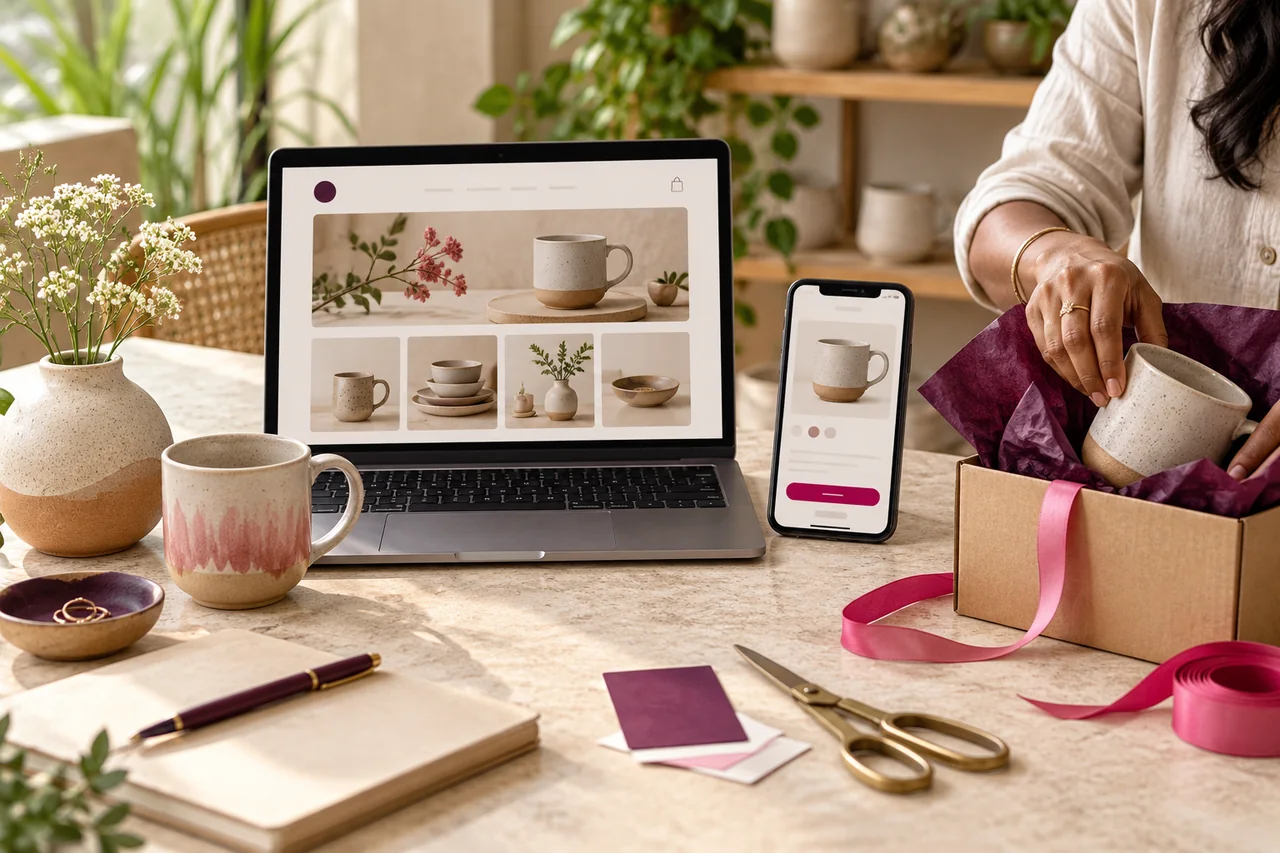 Online homeware store on a laptop and phone beside a carefully packed customer order
