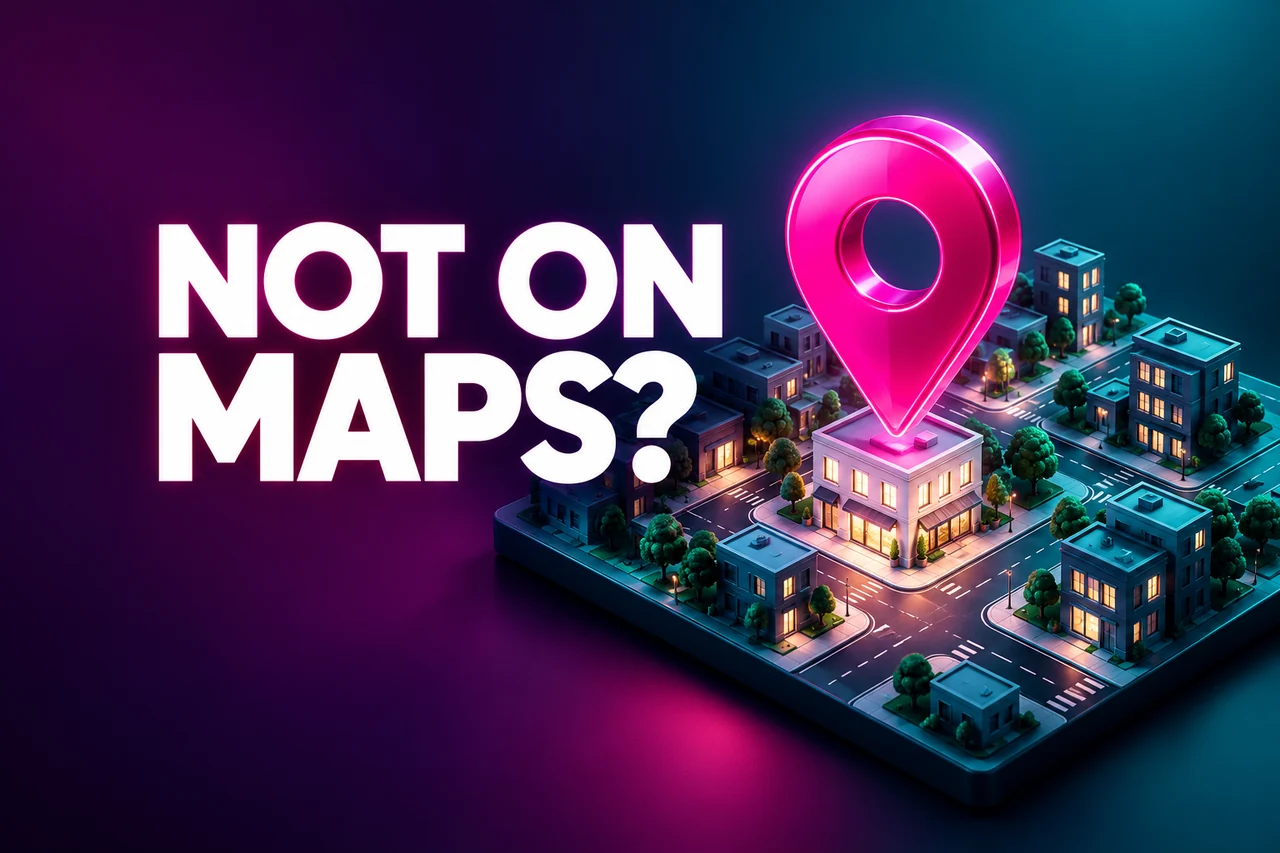 Not on Maps cover with a magenta location pin above an isometric neighbourhood
