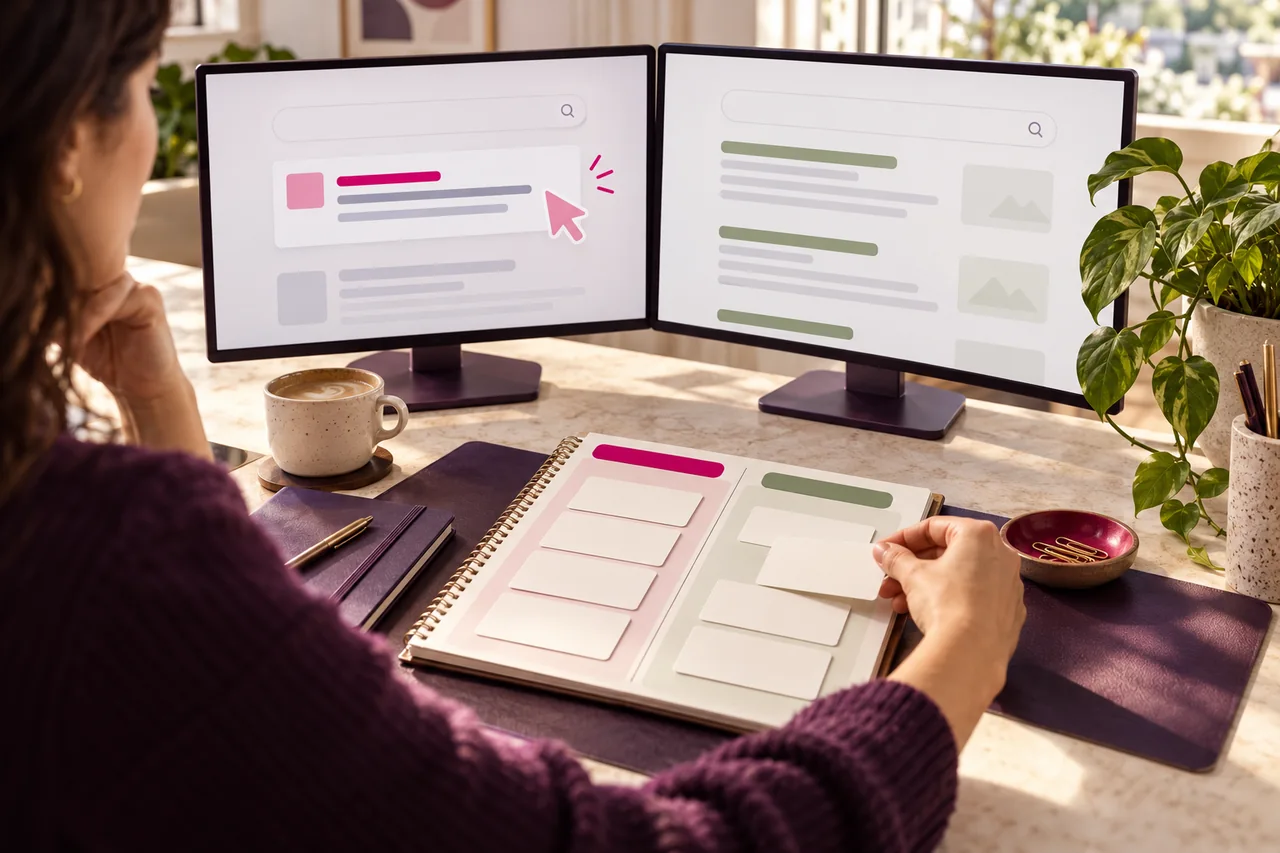 Marketing workspace comparing paid search and organic search planning on two screens