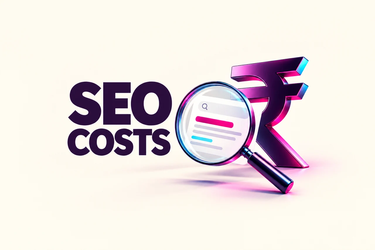 SEO costs cover with a magnifying glass, search-result card and rupee symbol