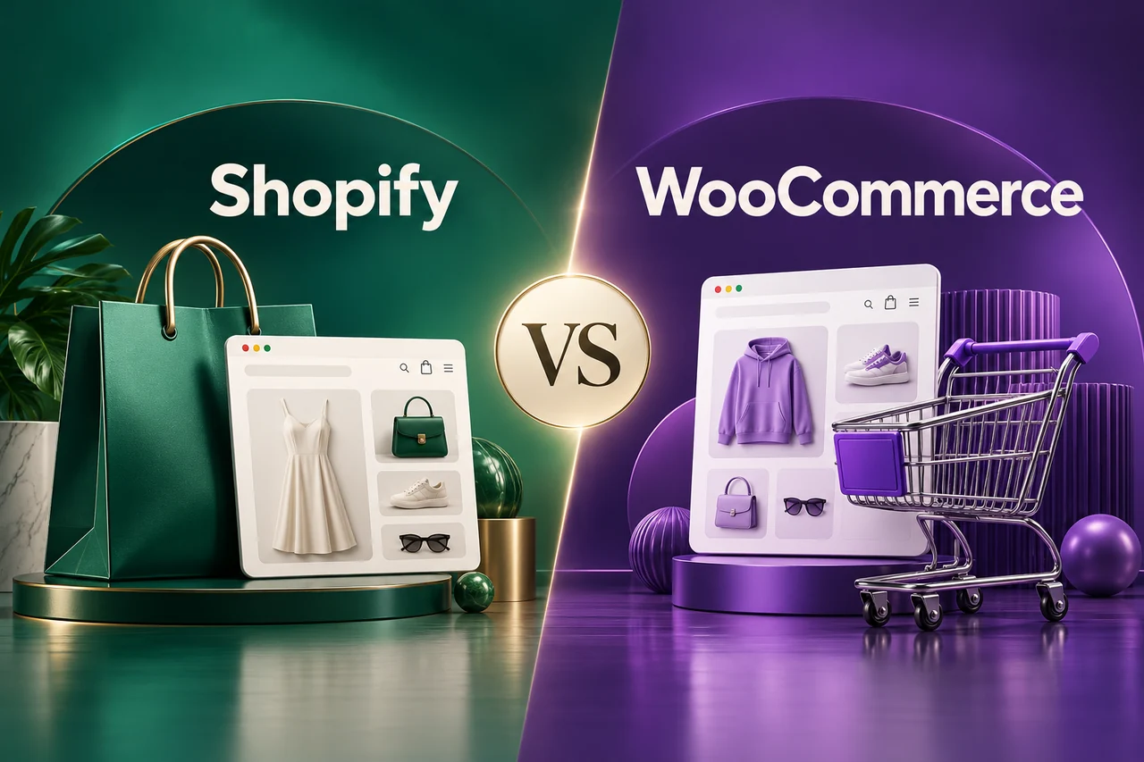 Shopify versus WooCommerce cover with ecommerce catalogue cards, shopping bag and cart