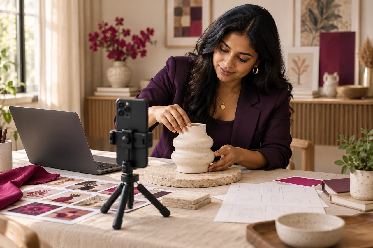 Creative producer recording a ceramic product demonstration for a business social media campaign