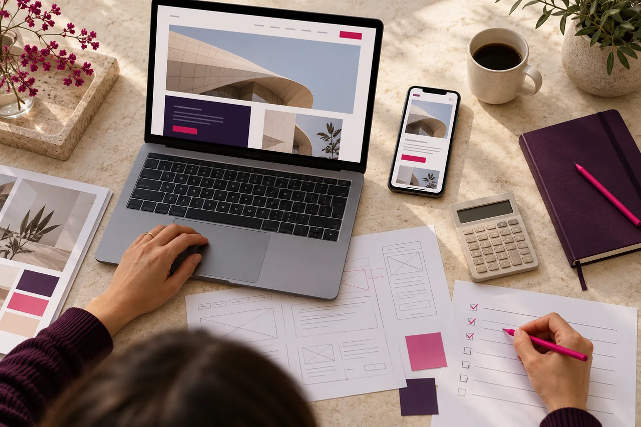 Website budgeting workspace with responsive website layouts, wireframes and a calculator