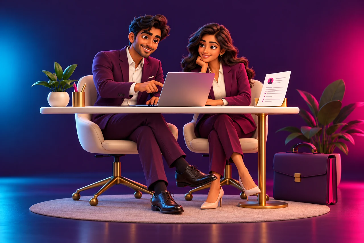 3D illustration of a man and woman in professional suits collaborating at a laptop, with a resume and briefcase in Digital Country’s plum, pink and cyan colours.