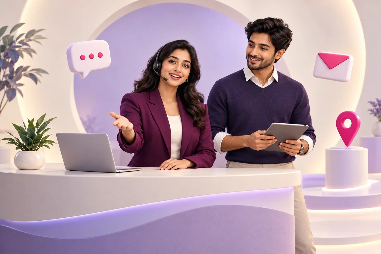 Illustration of two agency professionals welcoming a conversation, with chat, email and location symbols