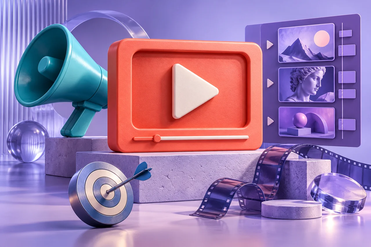 Original 3D illustration representing ad video editing (meta ads / google ads)