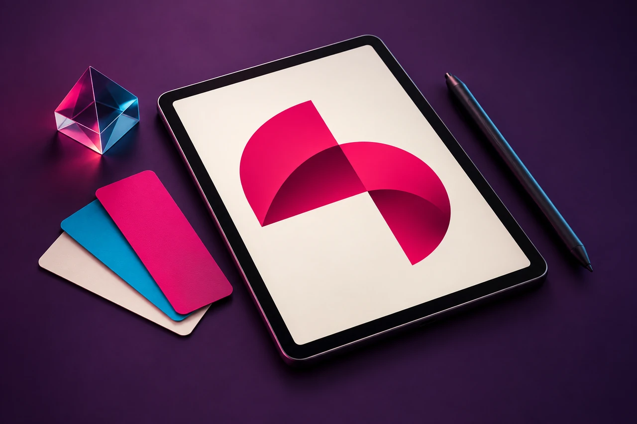 Graphics tablet, stylus and colour swatches illustrating logo and graphic design