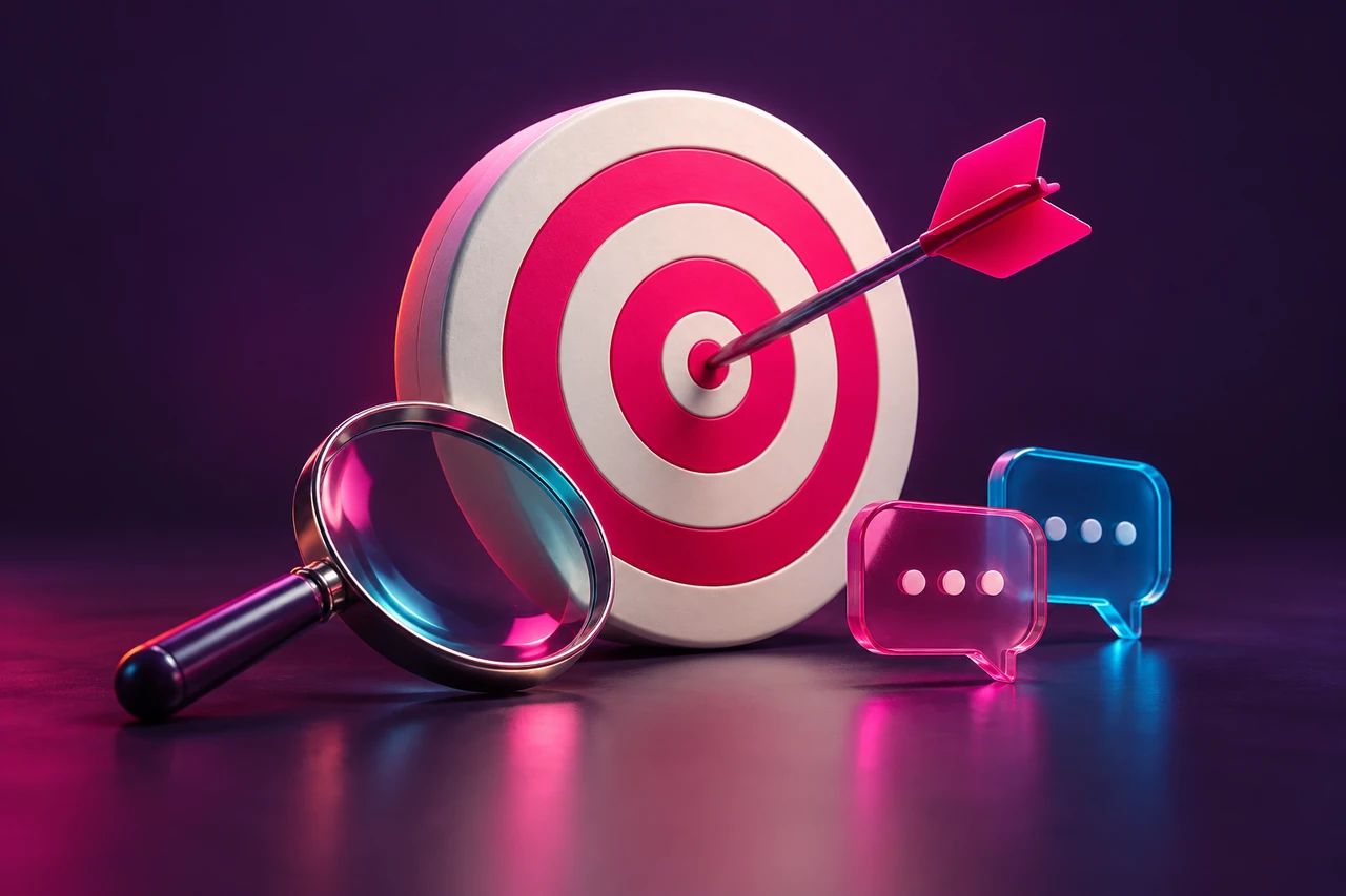Target, conversation bubbles and magnifying lens illustrating focused digital campaigns