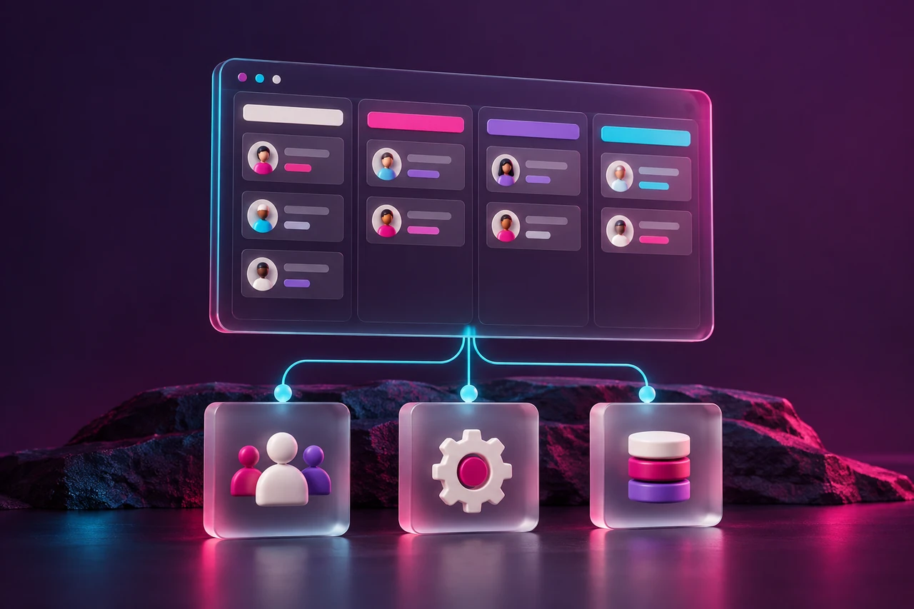 Organised application panels and connected modules illustrating custom CRM workflows