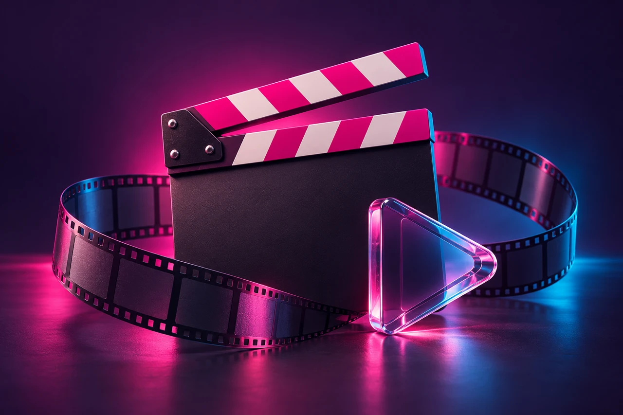 Clapperboard, film strip and glass play symbol illustrating video editing