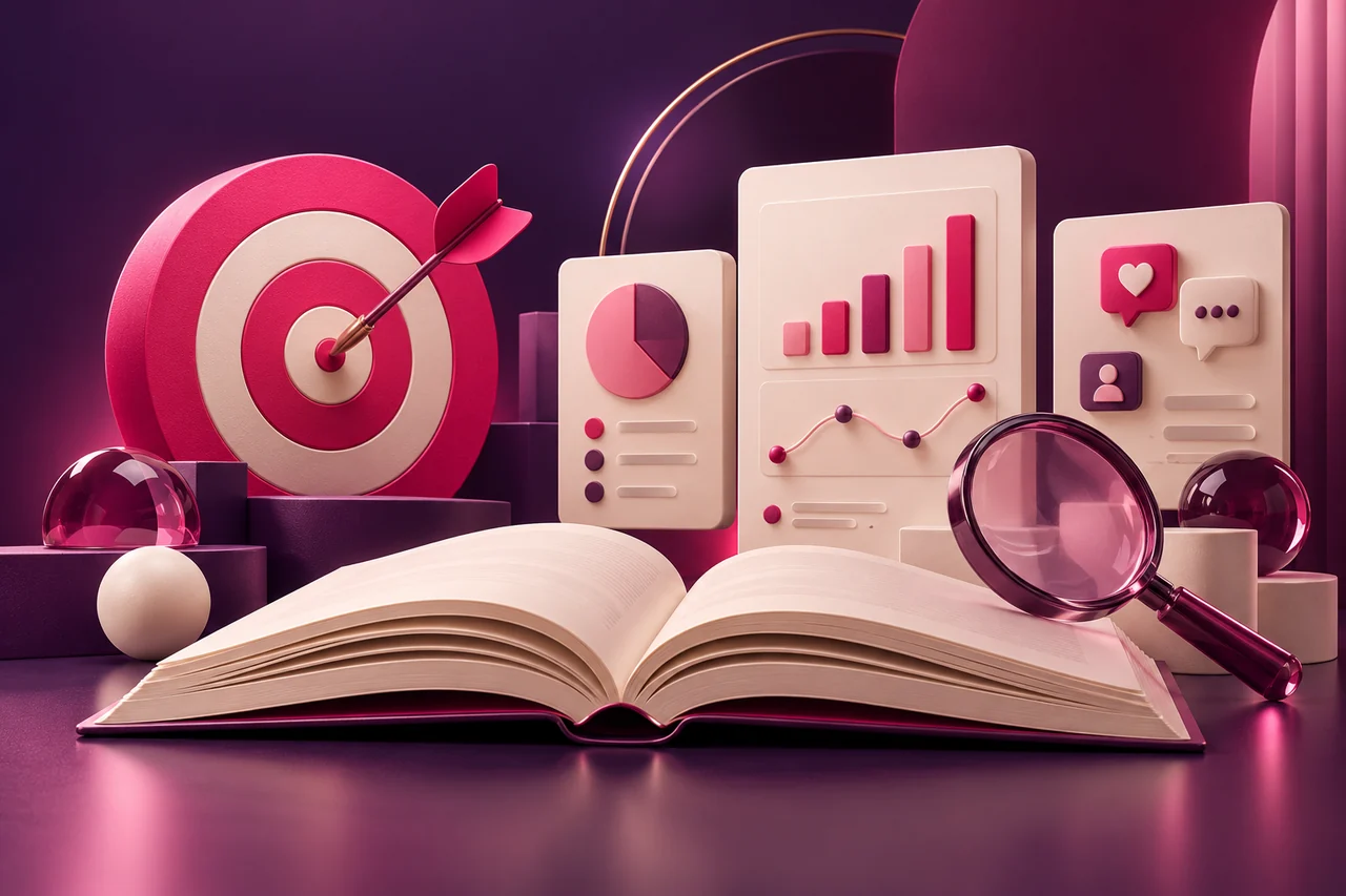 Conceptual illustration of an open book, marketing target, search lens and analytics panels