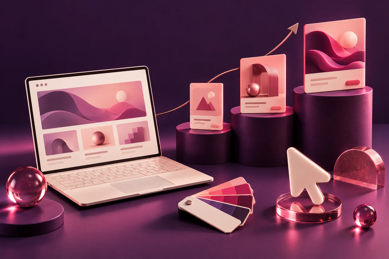 Conceptual illustration of a laptop, portfolio cards and ascending platforms representing digital career development