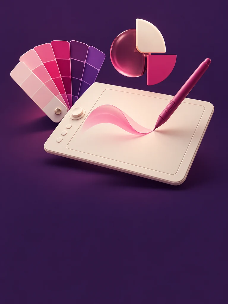 Drawing tablet, stylus and colour swatches illustrating brand and graphic design
