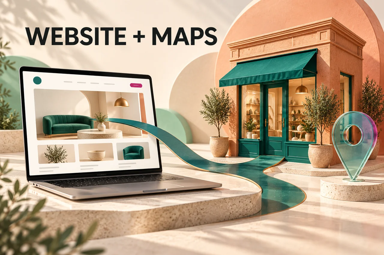 A laptop business website connected by a teal ribbon to a terracotta shopfront beside a glass map marker
