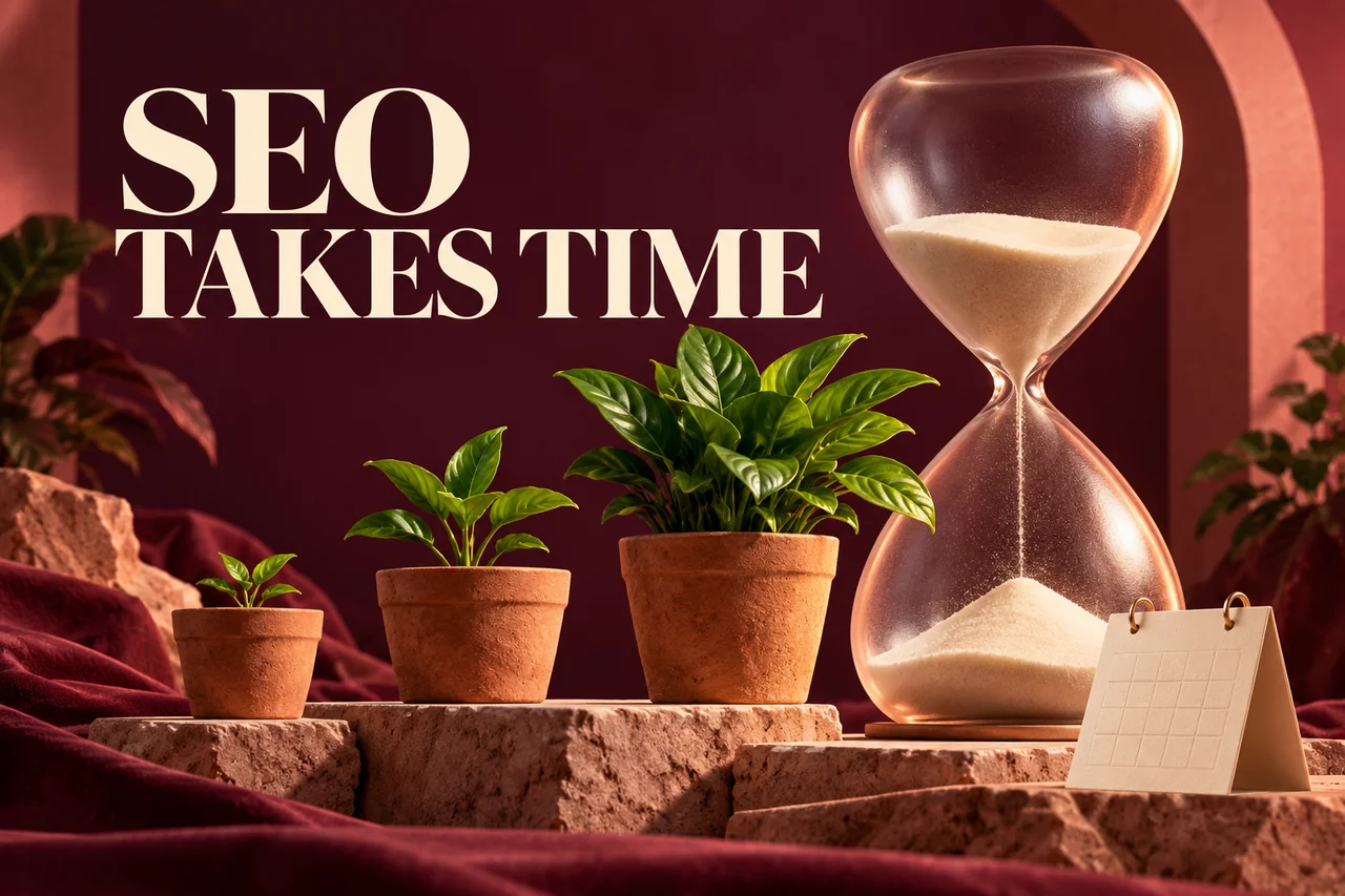 A glass hourglass beside three growing plants on a burgundy background with the words SEO Takes Time