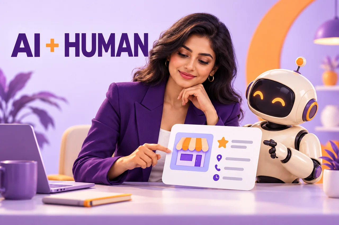 An Indian business professional and a small friendly robot reviewing a business profile card under the words AI plus Human