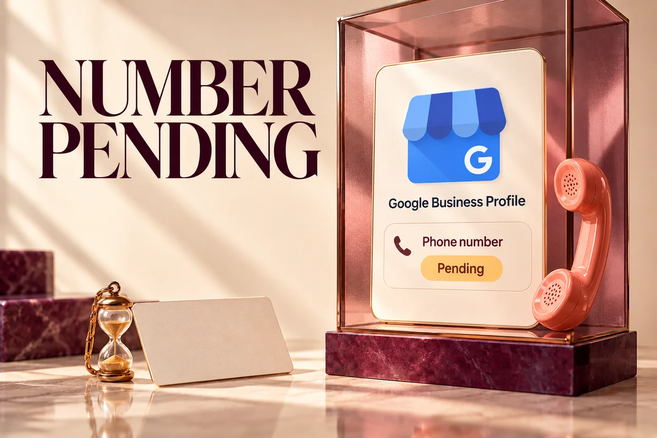 Google Business Profile storefront icon and a profile contact card showing a phone number with an amber Pending status