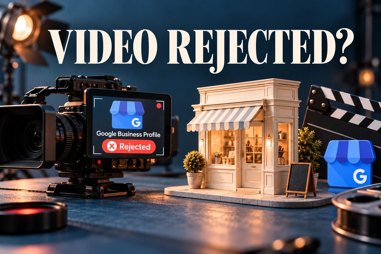 A camera filming a miniature storefront with the Google Business Profile icon and a Rejected verification status on its screen