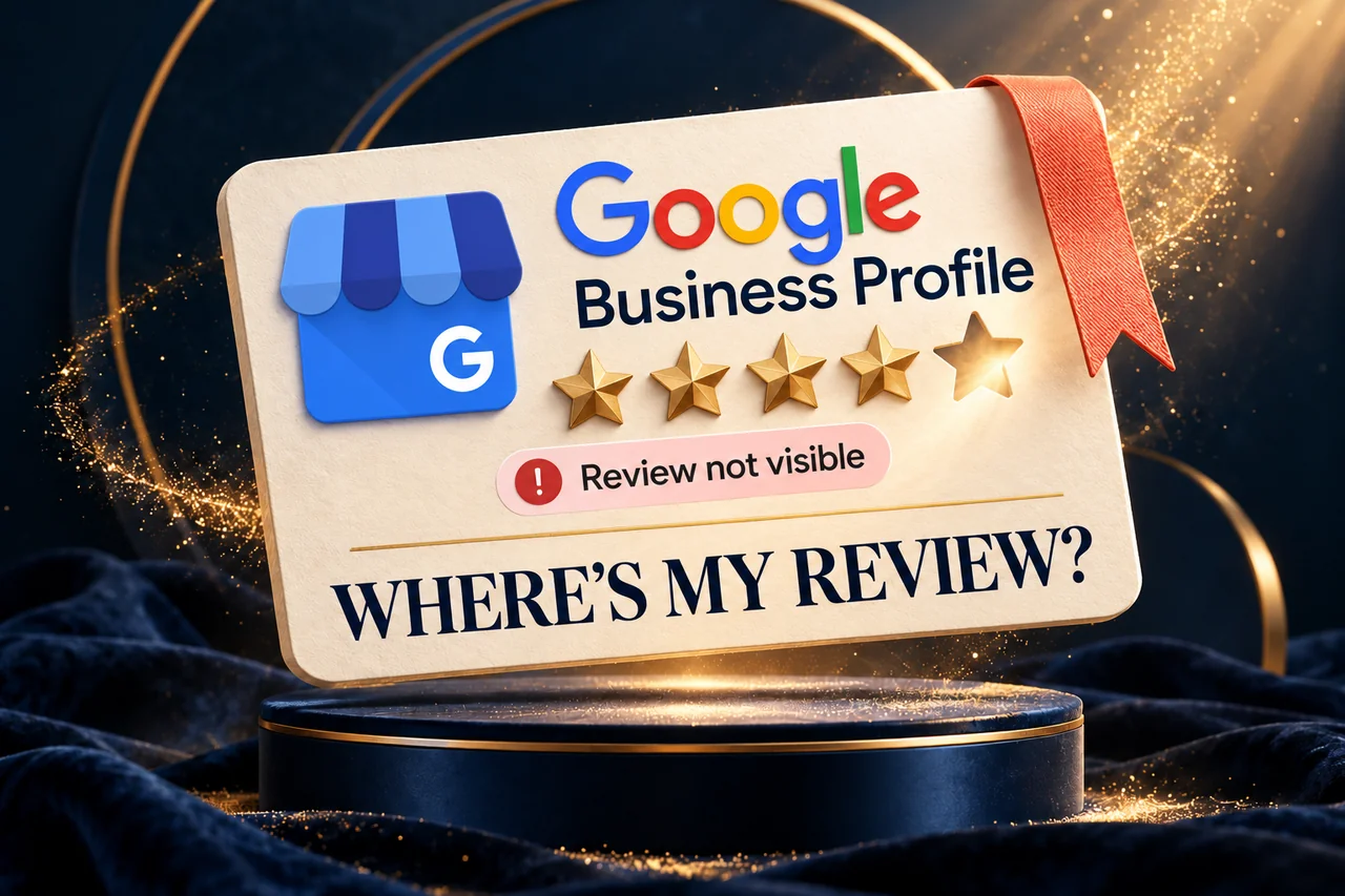 Google Business Profile review card with four gold stars, a missing star cutout and a Review not visible notice