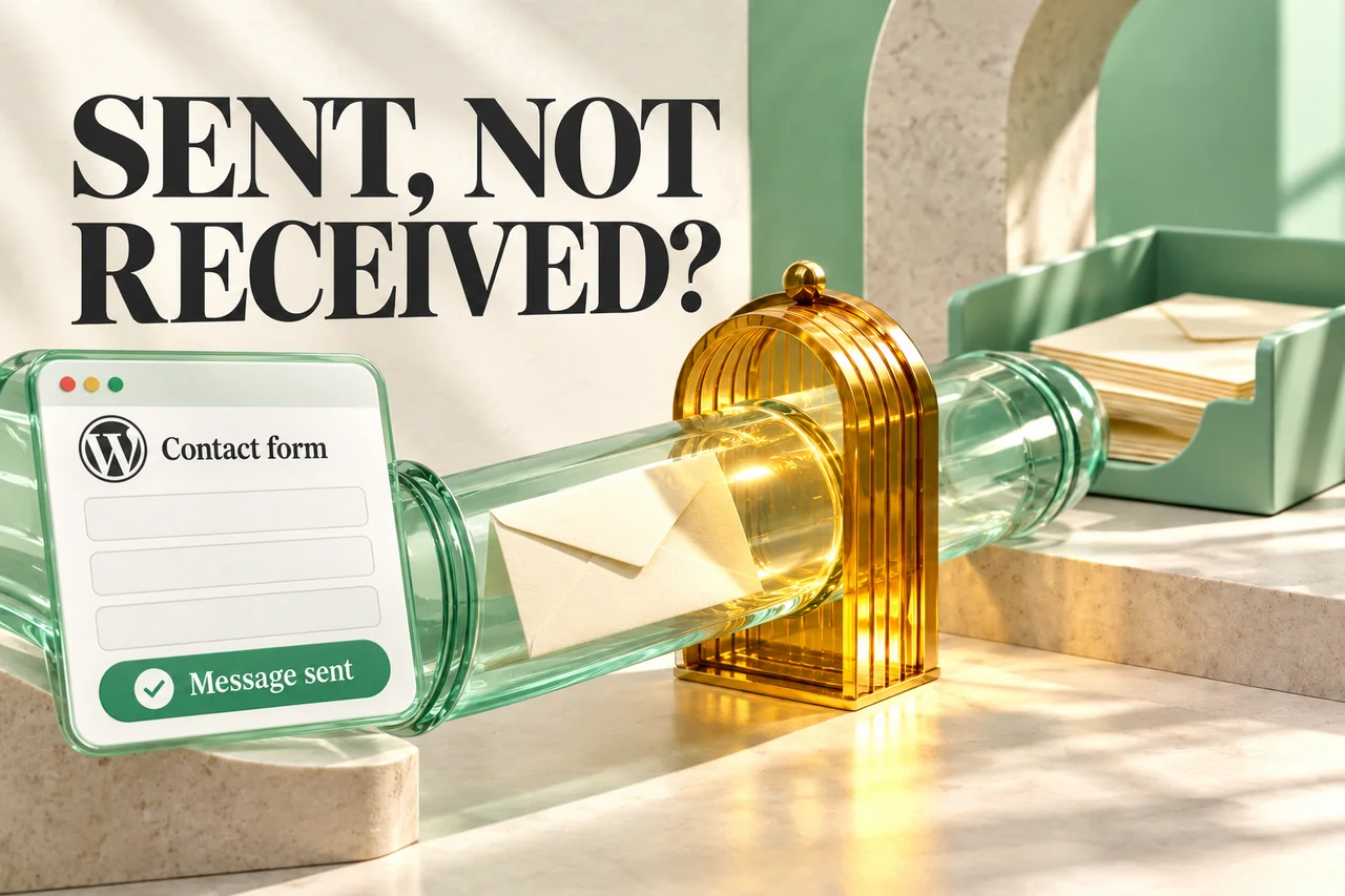 WordPress contact form showing Message sent beside an envelope stopped in a glass mail delivery tube