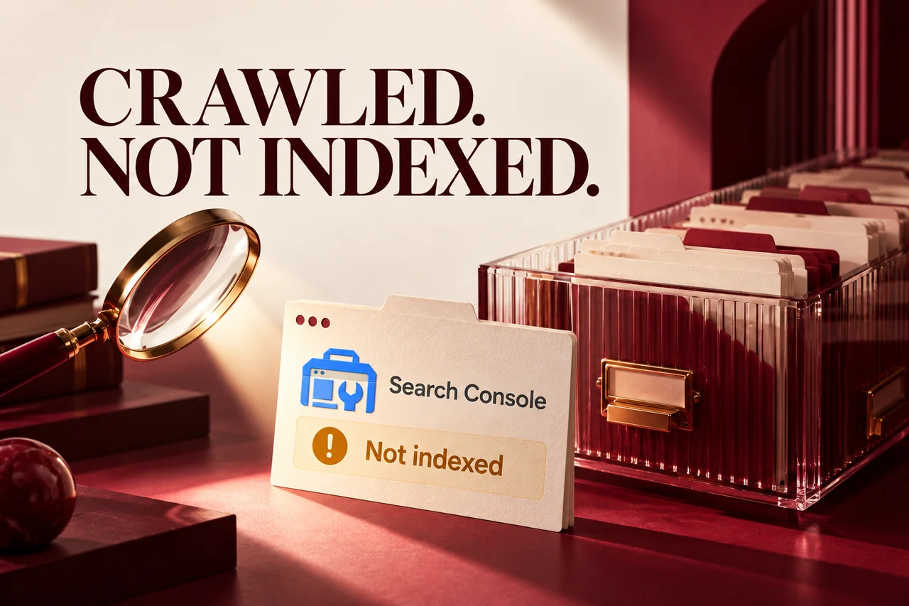 Search Console icon on a Not indexed report card beside a burgundy glass archive and magnifying glass