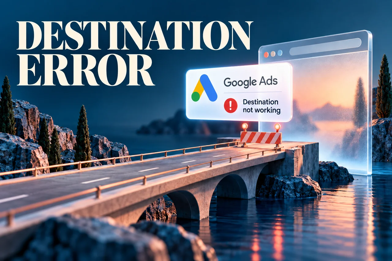A bridge to a browser window blocked by a barrier beside a Google Ads Destination not working notice