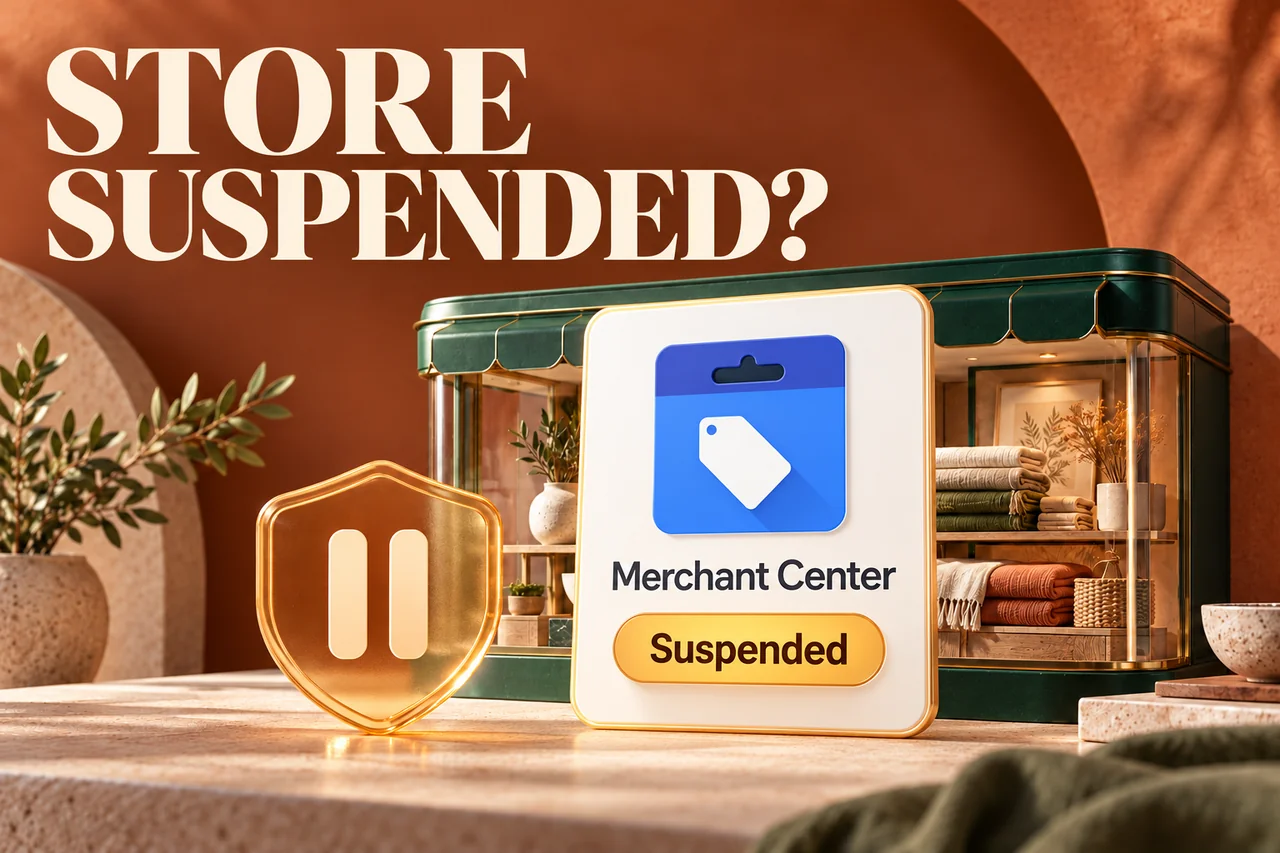 Google Merchant Center icon on a Suspended status card in front of a warm green retail storefront