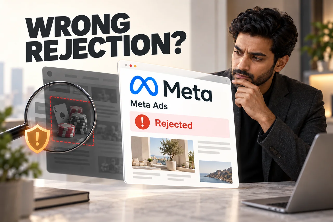 An Indian business owner investigating a Meta Ads Rejected notice and quarantined casino spam on a separate website panel