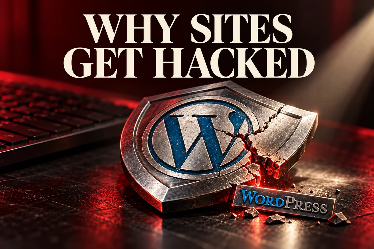 A metal shield with the WordPress logo and a visible crack under the words Why sites get hacked