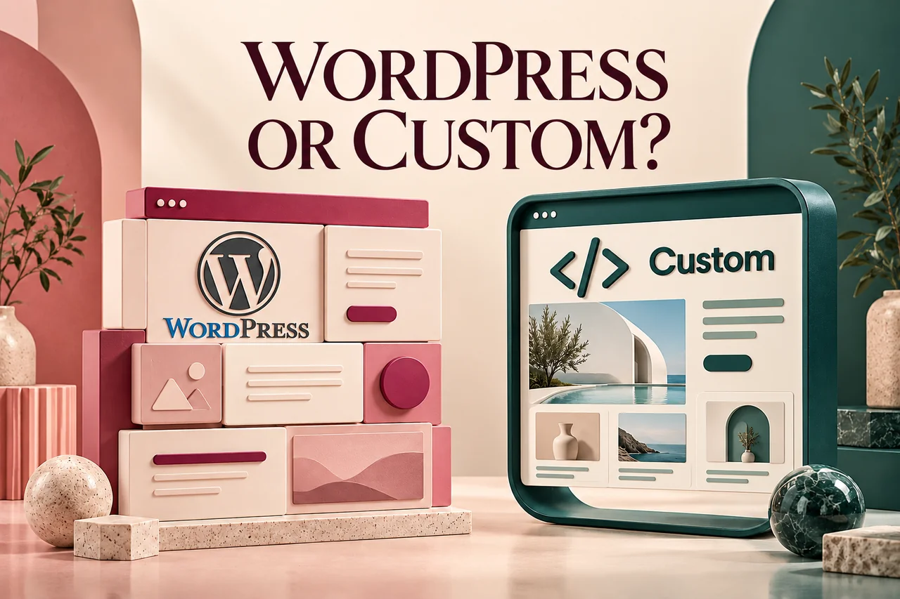 WordPress logo on a modular rose website beside a green custom-code browser in a balanced platform comparison
