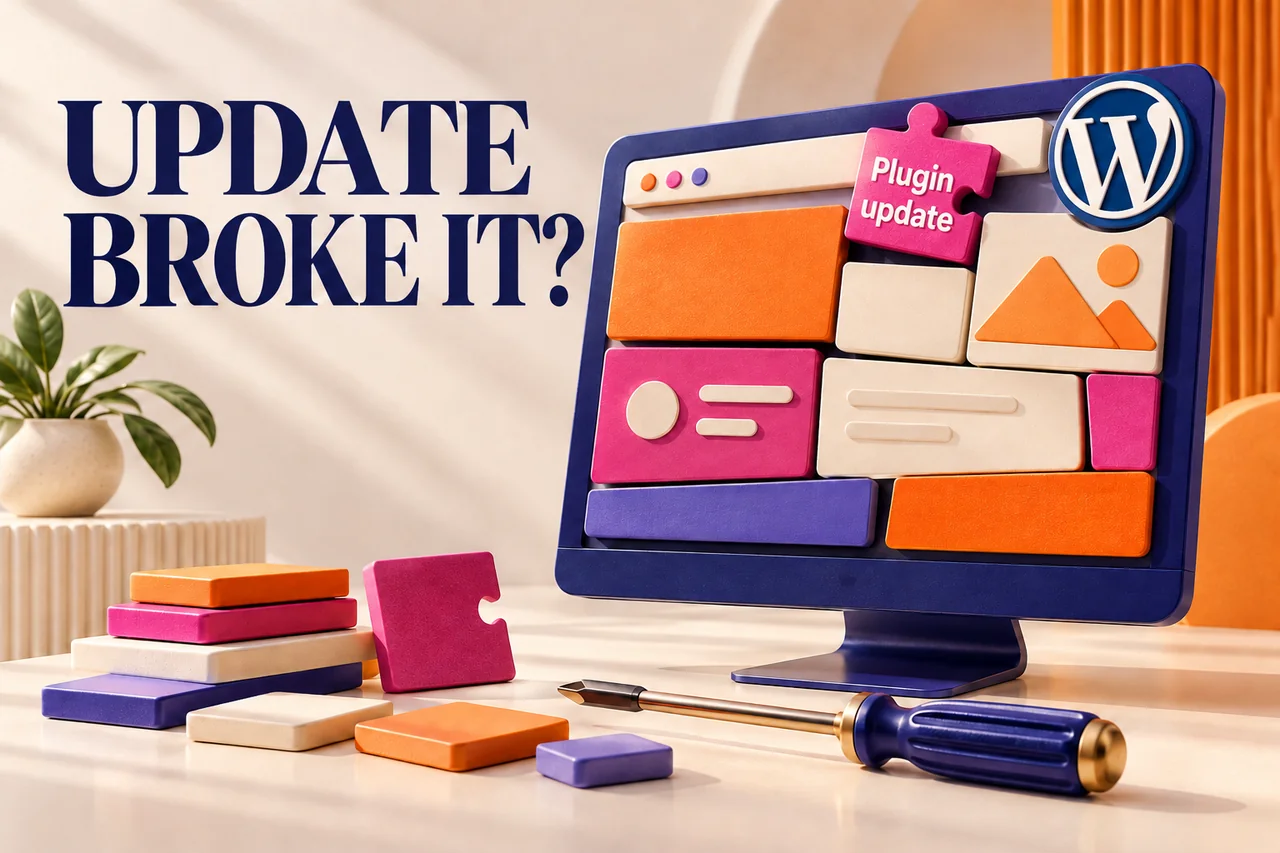 WordPress logo above a monitor with misaligned page blocks and a Plugin update puzzle piece