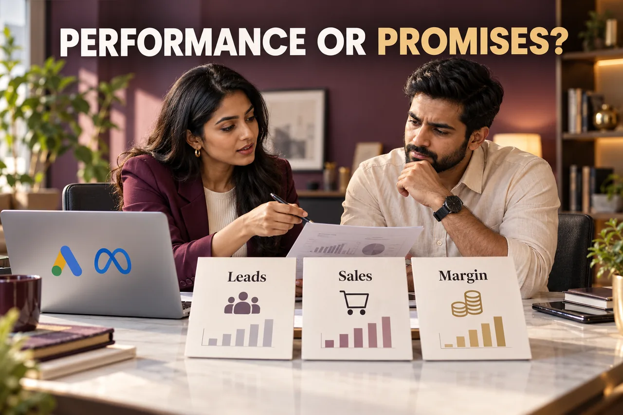 Indian business owner and marketing consultant reviewing Leads, Sales and Margin cards beside Google Ads and Meta symbols