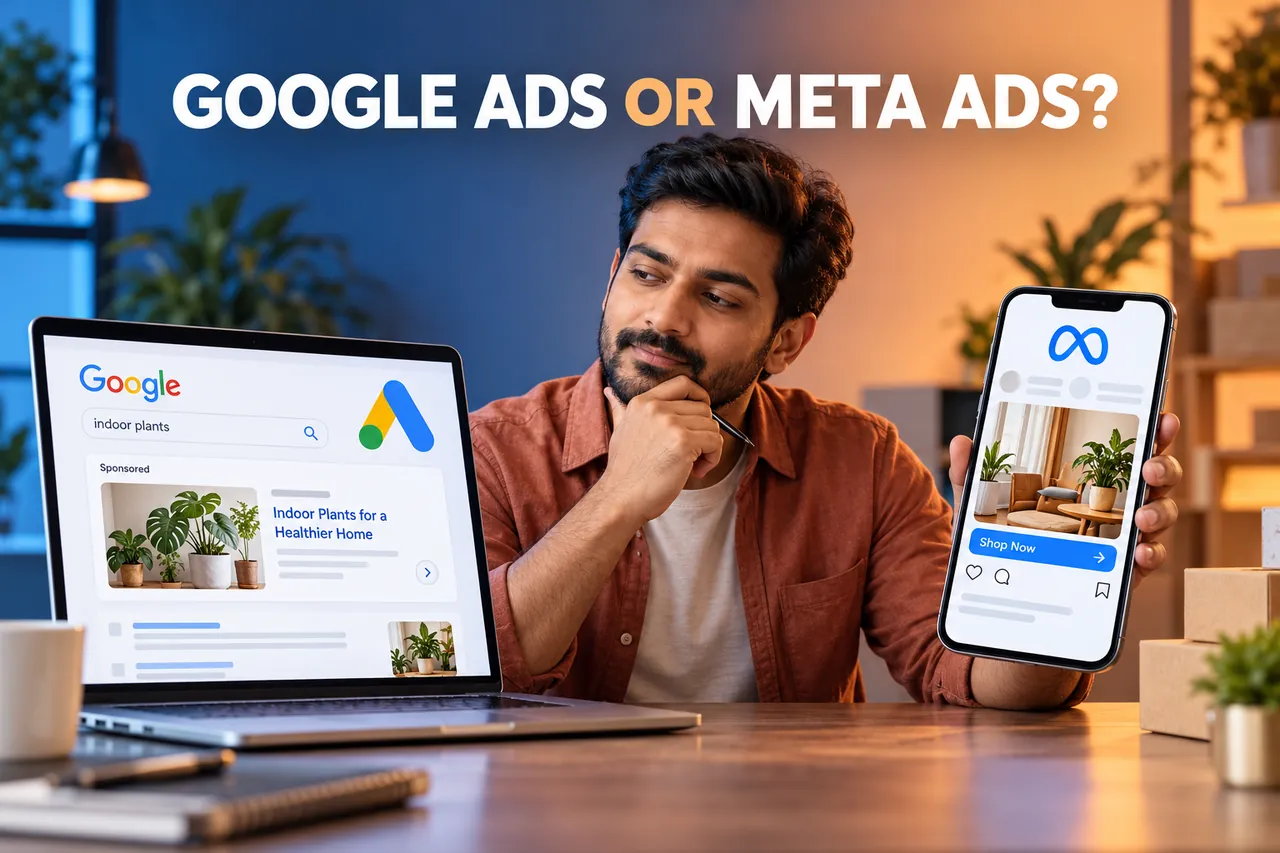 Indian business owner comparing a Google Ads search laptop with a Meta social-ad smartphone