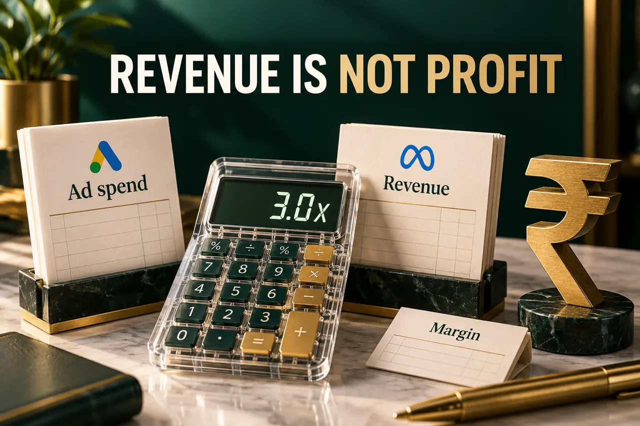 A glass calculator showing 3.0x beside Ad spend and Revenue ledgers, a Margin note and a brass rupee symbol