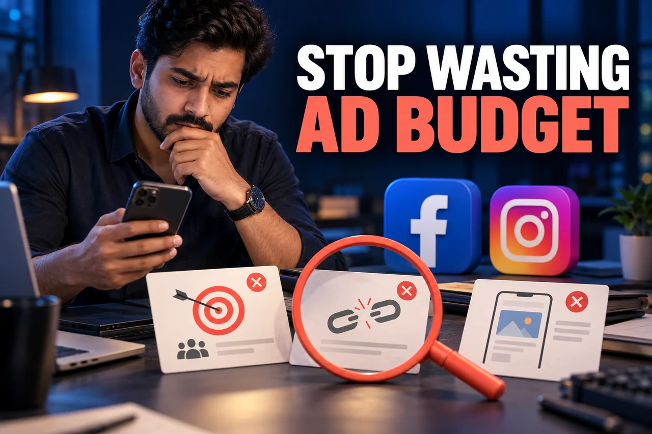 A campaign manager checking Facebook and Instagram advertising cards for audience, broken-link and mobile-creative mistakes