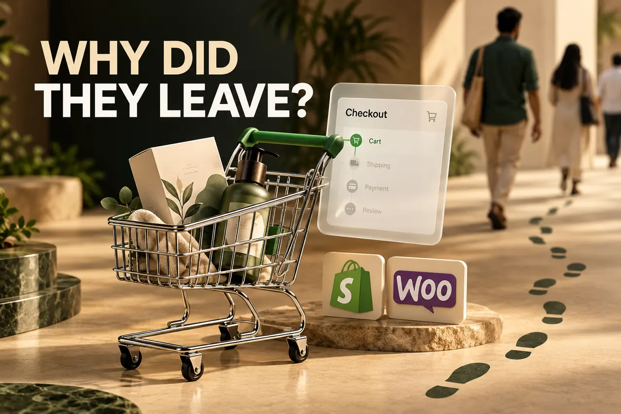 A real shopping cart and checkout panel beside Shopify and WooCommerce marks as shoppers walk away