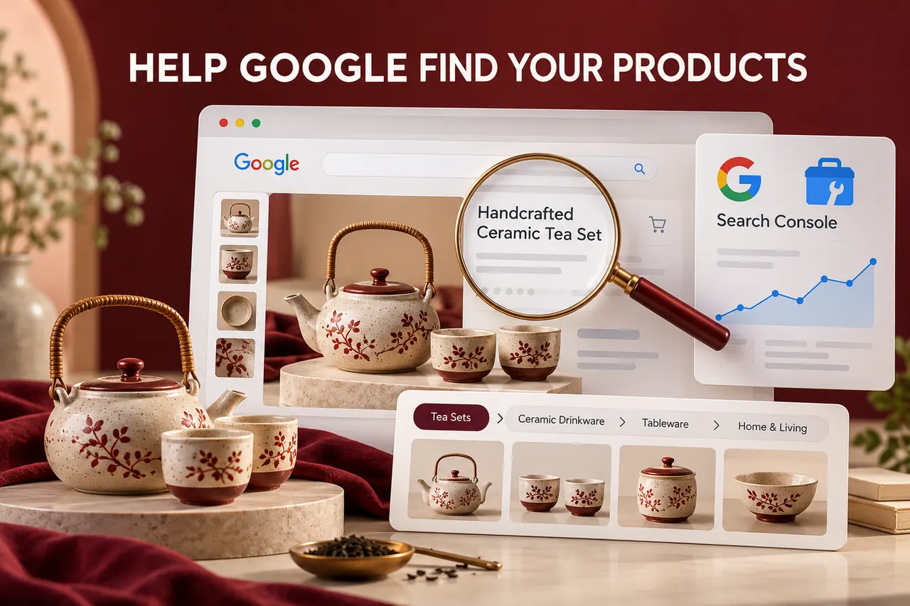 A ceramic tea set inside a browser product page with Google and Search Console symbols under a magnifying glass