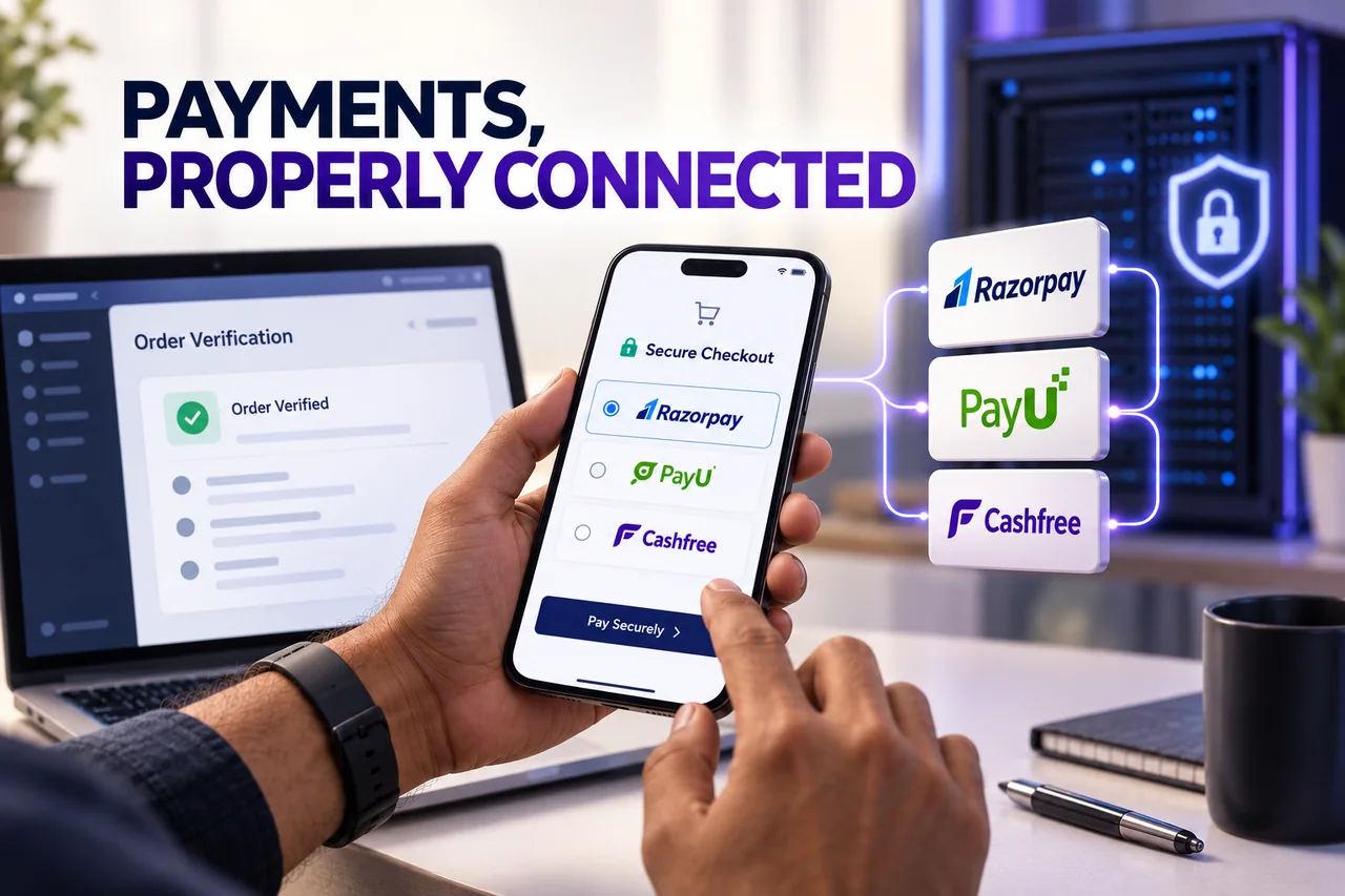 A developer testing secure mobile checkout beside Razorpay, PayU and Cashfree provider identifiers
