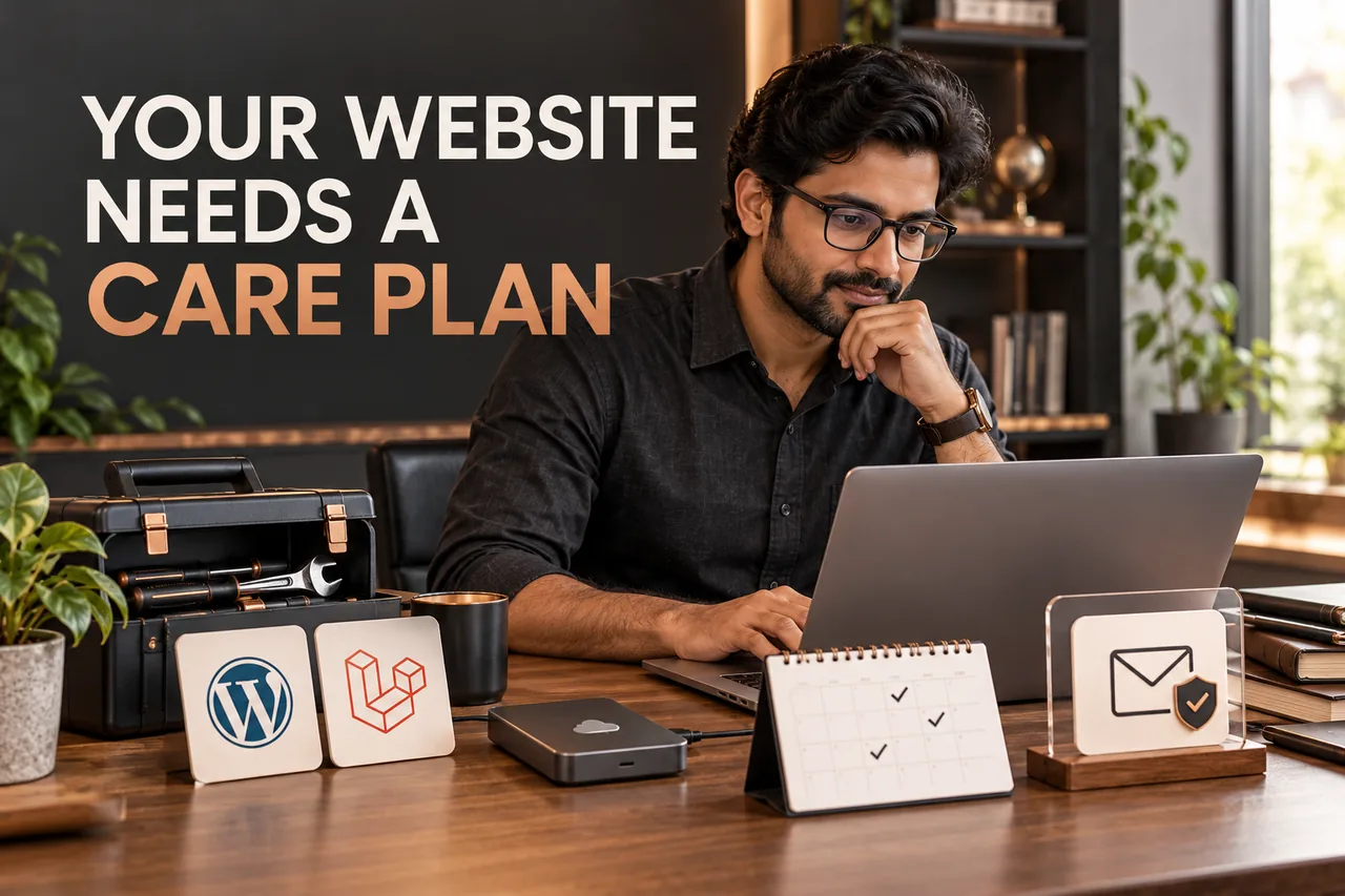A developer checking a laptop beside WordPress and Laravel marks, a backup drive, schedule and protected enquiry icon