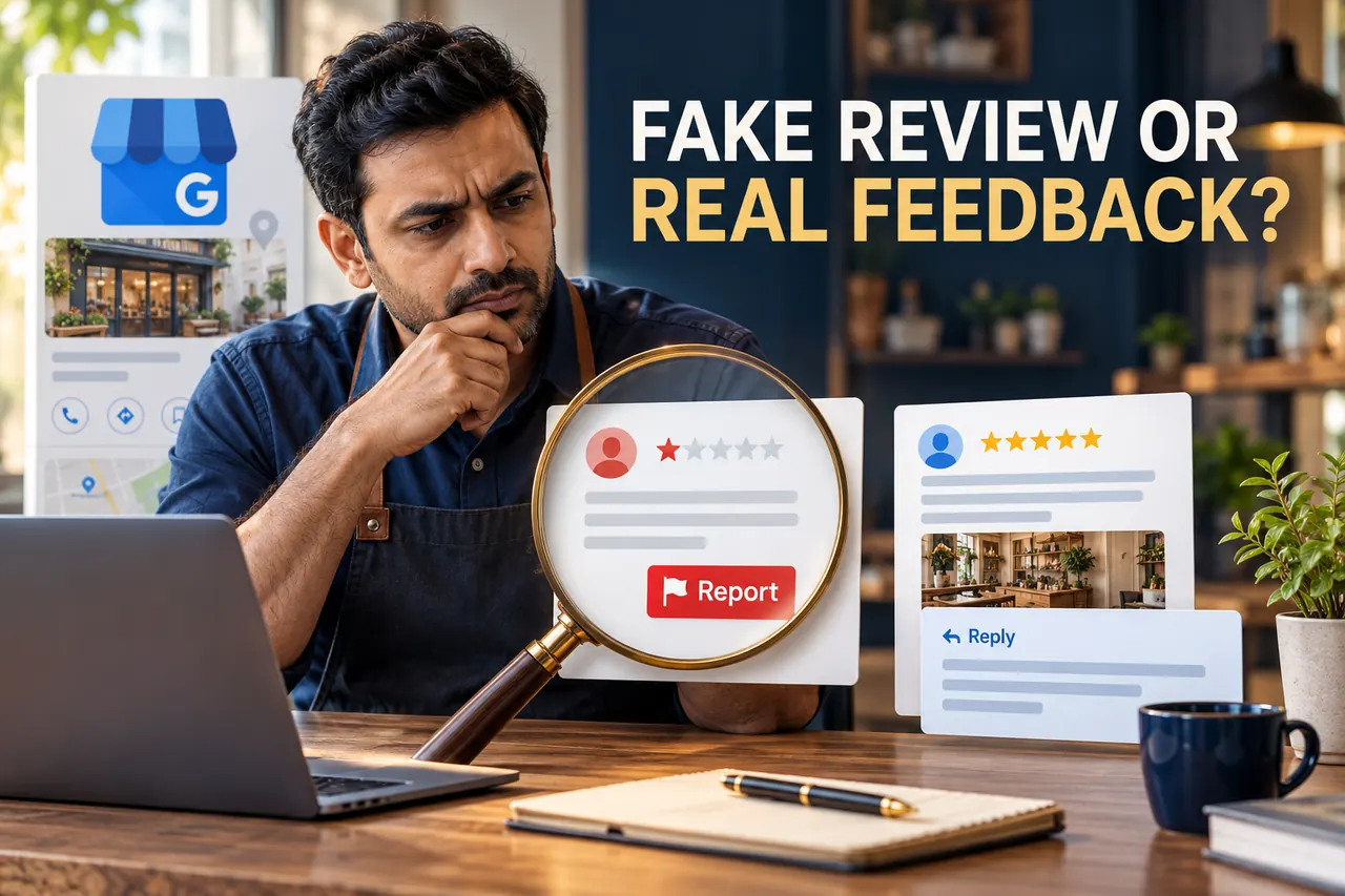 A business owner comparing a reported review and a reply card beside the Google Business Profile storefront icon