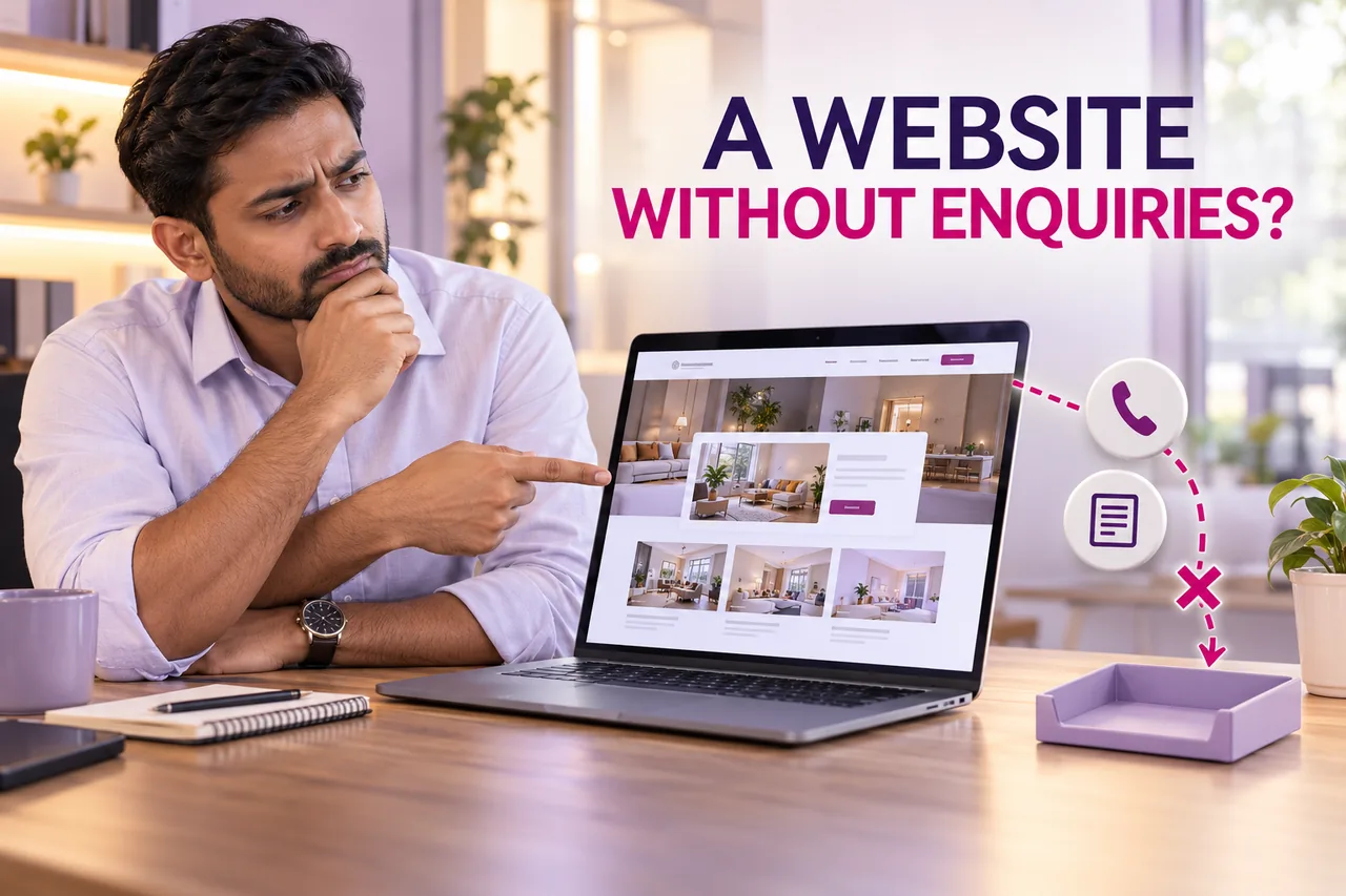 An Indian business owner pointing to a business website with a broken contact path leading to an empty enquiry tray