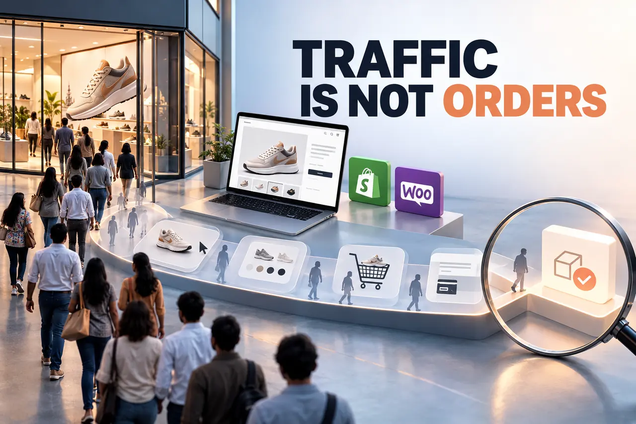 Visitors entering a product store while a staged shopping path narrows towards an order box beside Shopify and WooCommerce icons
