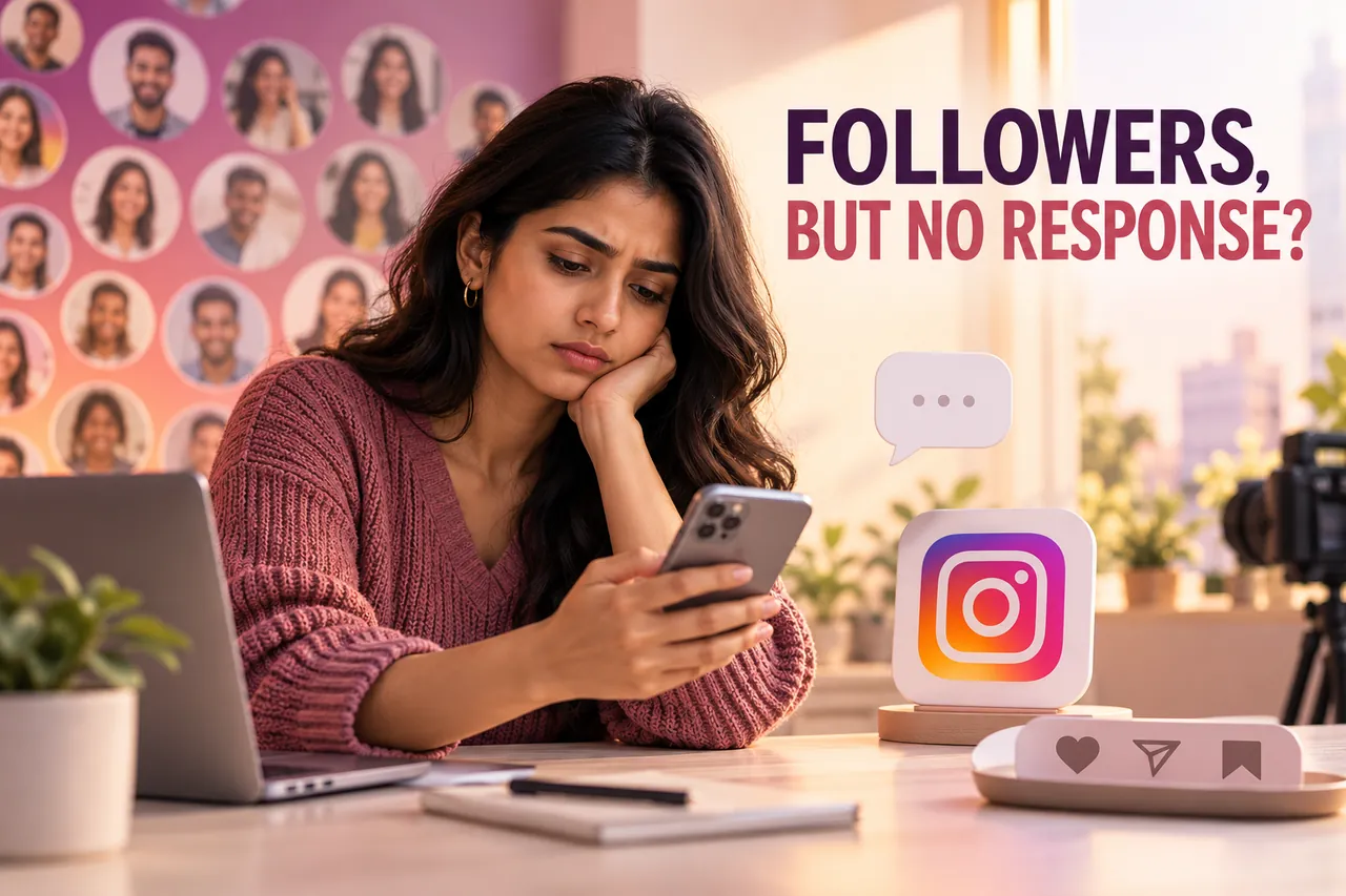 An Indian creator checking Instagram beside follower portraits and quiet conversation, save and share symbols