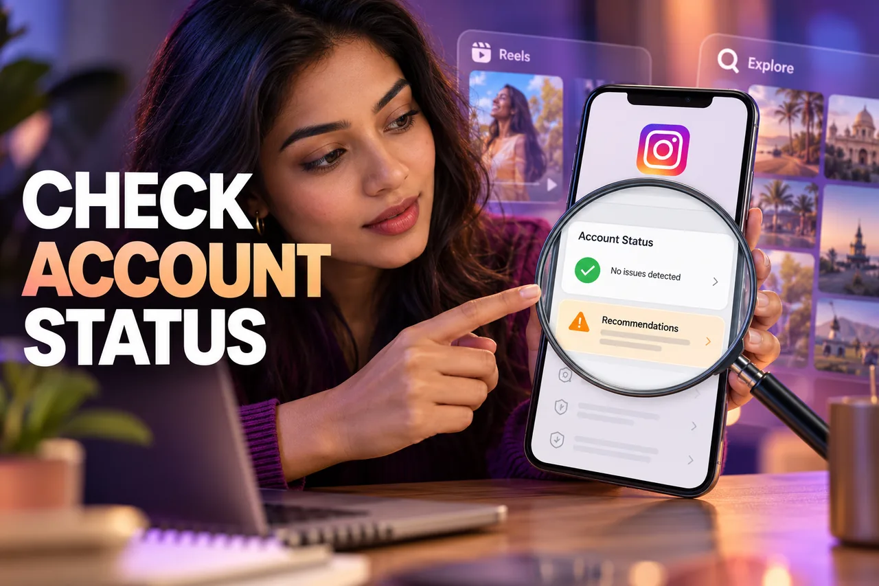 A social media manager examining Instagram Account Status and a Recommendations notice through a magnifying glass