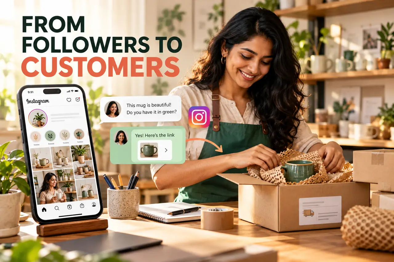 A small-business founder packing a product while an Instagram enquiry connects the profile to a customer order