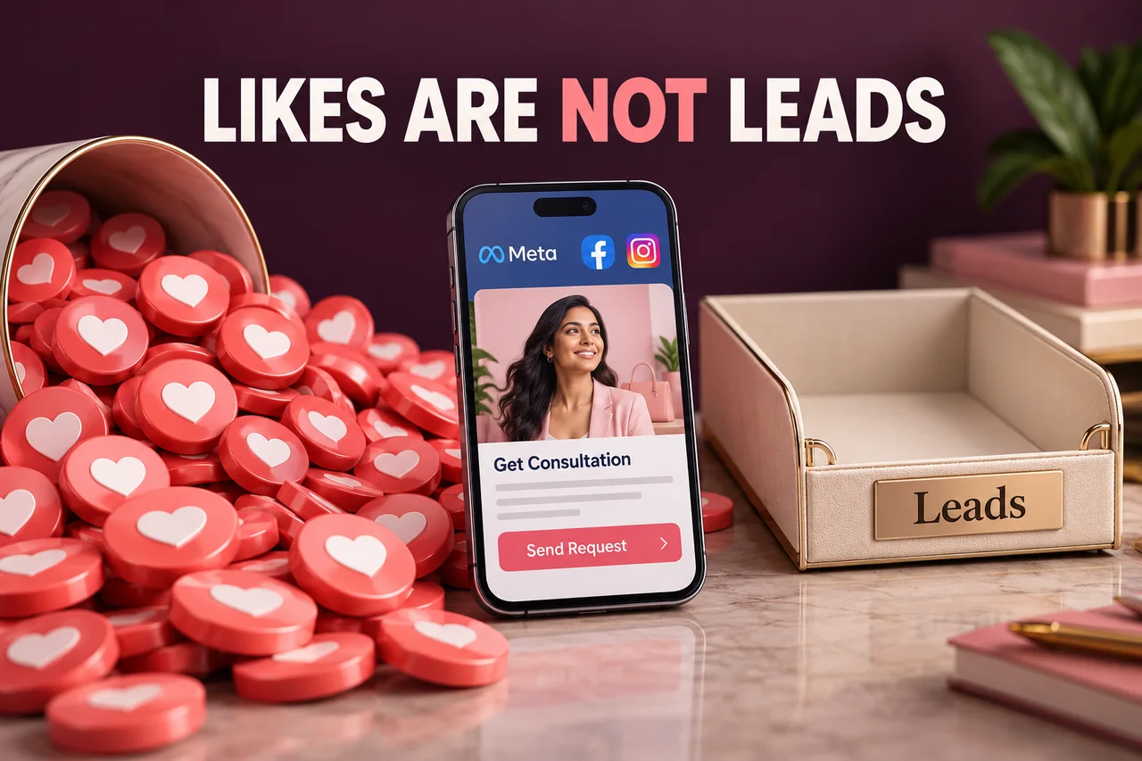 A Meta, Facebook and Instagram phone between a pile of reaction hearts and an empty Leads folder