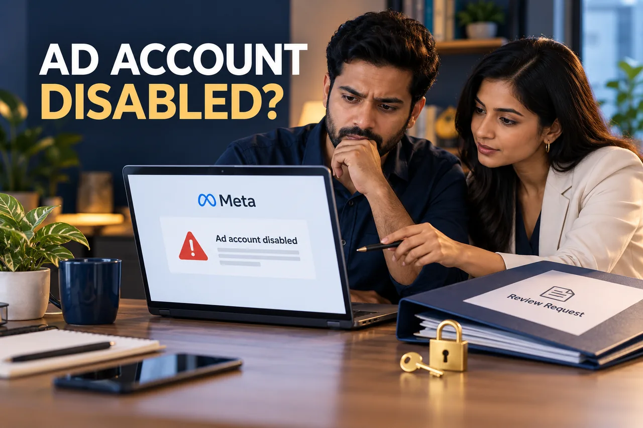 A business owner and campaign specialist reviewing a Meta Ad account disabled notice with a review-request folder